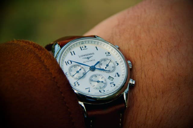 A Longines mechanical chronograph worn on the wrist.